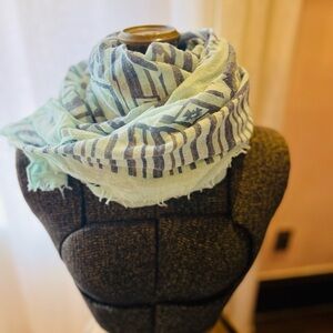 Soft Mint & Charcoal Geometric Lightweight Scarf | Frayed Edge Wrap